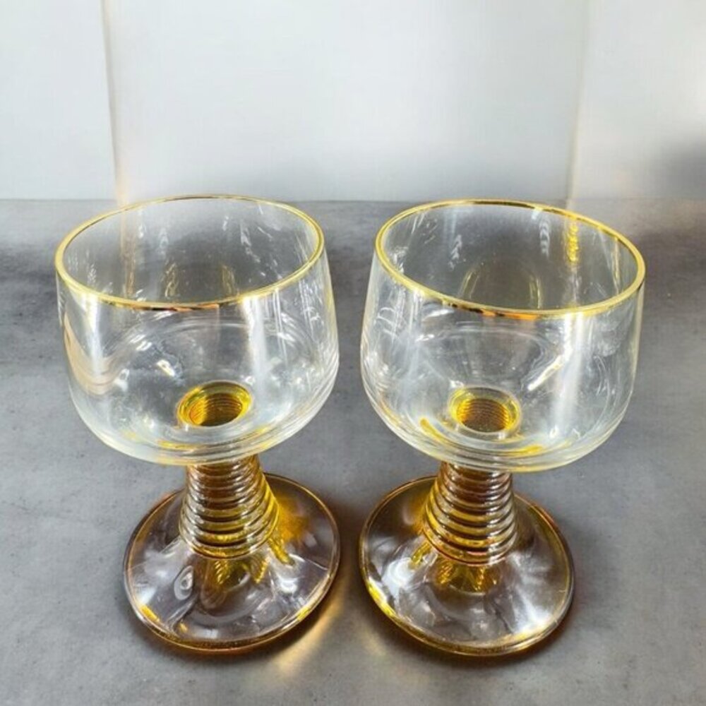Vintage Roemer Glasses‎ Cups Beehive Stems Glasses Set 2 Flashed Amber Glass VTG